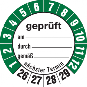 Dreifke&reg; Aufkleber | Pr&uuml;fetiketten gepr&uuml;ft am... durch... gem&auml;&szlig;..ab 26 wei&szlig;/ ...