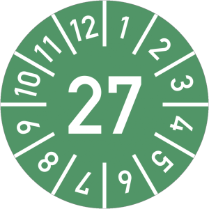 Dreifke&reg; Pr&uuml;fplakette Jahr 27 mit Monaten, gr&uuml;n, Folie, &Oslash; 20 mm, 10 St./Bo.