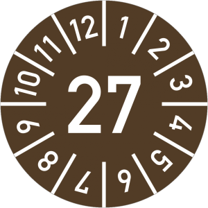 Dreifke&reg; Pr&uuml;fplakette Jahr 27 mit Monaten, braun, Folie, &Oslash; 25 mm, 10 St./Bo.