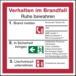 Dreifke&reg; Aufkleber Verhalten im Brandfall f&uuml;r Rettungspl&auml;ne | 200x200 mm, 1 Stk