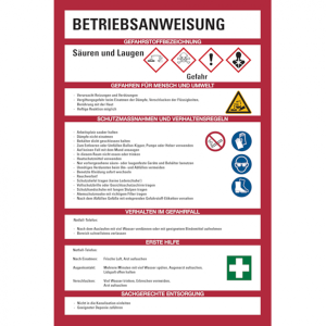 Dreifke&reg; Aushang, Betriebsanweisung f&uuml;r S&auml;uren &amp; Laugen - GHS/ISO 7010 Piktog...