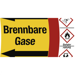 Aufkleber Band f&uuml;r Rohre &uuml;ber &Oslash; 50 mm, Gruppe 4 Brennb. Gase m. Symbol, Folie...