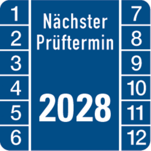 Dreifke&reg; Pr&uuml;fplakette N&auml;chster Pr&uuml;ftermin 2028, eckig, blau/w - 30x30 mm Foli...