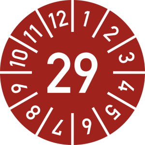 Dreifke&reg; Pr&uuml;fplakette Jahr 29 mit Monaten, rot, Dokumentenfolie, &Oslash; 25 mm, 10 ...