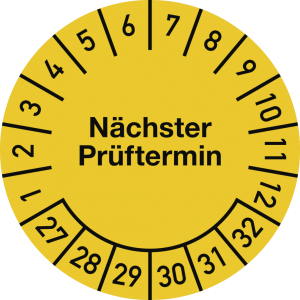 Dreifke&reg; Pr&uuml;fplakette N&auml;chster Pr&uuml;ftermin 2027-2032, Folie, gelb, &Oslash; 25 mm, 10...