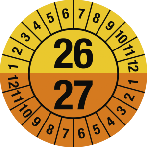 Dreifke&reg; Pr&uuml;fplakette 2026 - 2027 mit Monaten, Dokumentenfolie, &Oslash; 30 mm, 10 S...