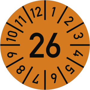 Dreifke&reg; Pr&uuml;fplakette Jahr 26 mit Monaten, orange, Dokumentenfolie, &Oslash; 20 mm, ...