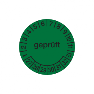 Dreifke&reg; Pr&uuml;fplakette, gepr&uuml;ft, gr&uuml;n/schwarz, Folie, &Oslash; 30 mm - Bogen = 10 Pla...