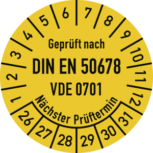 Dreifke&reg; Pr&uuml;fplakette DIN EN 50678 N&auml;chster P., 2026-2031, Dokumentenf., &Oslash;30m...