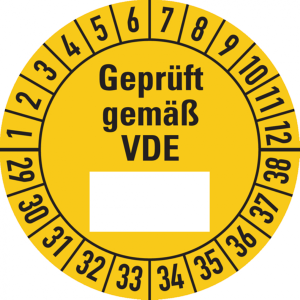 Dreifke&reg; Etikett Gepr&uuml;ft gem&auml;&szlig; VDE ab 29, gelb/schwarz - 30 mm Folie selbstkl...