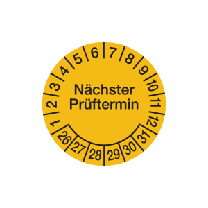 Dreifke&reg; Aufkleber Pr&uuml;fplakette, N&auml;chster Pr&uuml;ftermin, Folie, &Oslash; 30mm, gelb/sch...