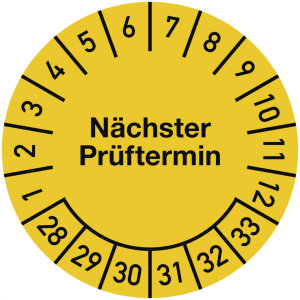 Dreifke&reg; Pr&uuml;fplakette N&auml;chster Pr&uuml;ftermin 2028-2033, Folie, gelb, &Oslash; 20 mm, 10...