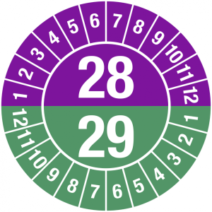 Dreifke&reg; Pr&uuml;fplakette 2028 - 2029 mit Monaten, Dokumentenfolie, &Oslash; 30 mm, 10 S...