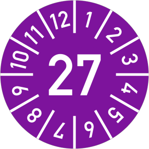 Dreifke&reg; Pr&uuml;fplakette Jahr 27 mit Monaten, violett, Folie-Spezialkl., &Oslash; 25 mm...