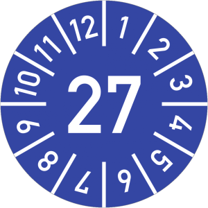Dreifke&reg; Pr&uuml;fplakette Jahr 27 mit Monaten, blau, Dokumentenfolie, &Oslash; 15 mm, 10...