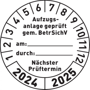 Dreifke&reg; Aufkleber Pr&uuml;fplakette, Aufzugsanlage gepr&uuml;ft gem. BetrSichV, 2024/2...