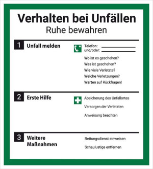 Schild Aushang Verhalten bei Unf&auml;llen 18x20cm PVC-Aufkleber ISO 7010 Dreifke&reg;