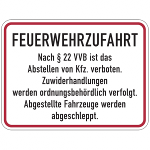 Dreifke&reg; Hinweisschild Feuerwehrzufahrt, Feuerwehrzufahrt nach &sect; 22 VVB | Alu...