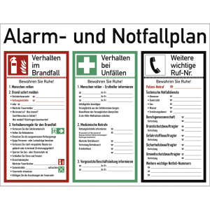 Dreifke&reg; Schild Alarm- und Notfallplan ISO 7010, Kunststoff, 620x480 mm