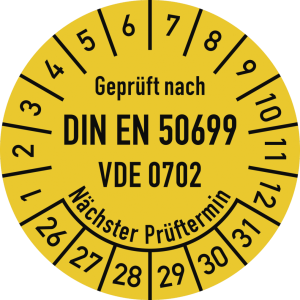 Dreifke&reg; Pr&uuml;fplakette DIN EN 50699 N&auml;chster P., 2026-2031, Dokumentenf., &Oslash;30m...