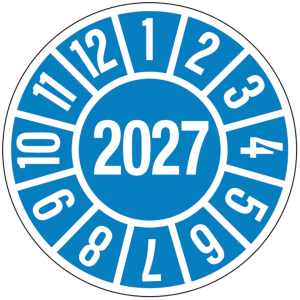 Jahrespr&uuml;fplakette ab 27, blau/wei&szlig; &Oslash; 35mm - Bogen = 10 Plaketten - 35 mm Dok...