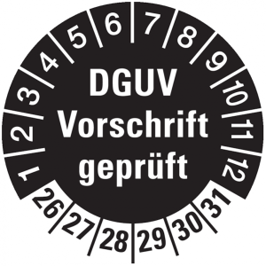 Pr&uuml;fplakette ab 26, DGUV Vorschrift gepr&uuml;ft, schwarz/wei&szlig;, &Oslash; 30 mm - Bogen = ...