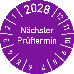 Dreifke&reg; Pr&uuml;fplakette 2028 N&auml;chster Pr&uuml;ftermin, Folie, &Oslash; 15 mm, 10 St&uuml;ck/Bogen
