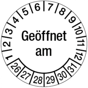 Pr&uuml;fplakette ab 26, Ge&ouml;ffnet am, &Oslash; 30 mm, Dokumentenfolie - Bogen = 10 St&uuml;ck ...