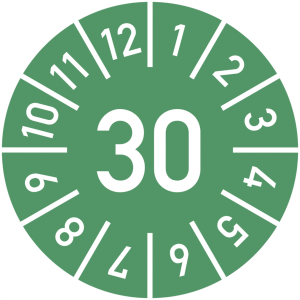 Dreifke&reg; Pr&uuml;fplakette Jahr 30 mit Monaten, gr&uuml;n, Folie-Spezialkl., &Oslash; 10 mm, 1...