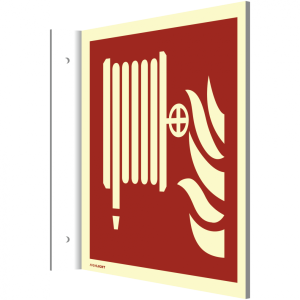 Dreifke&reg; Fahnenschild L&ouml;schschlauch ISO 7010, Alu, nachleucht., 160-mcd, 200x...