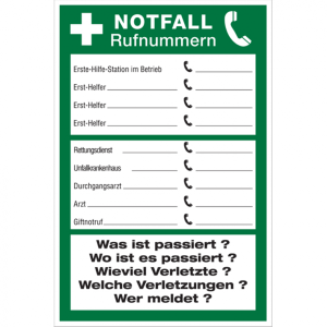 Dreifke&reg; Aushang, Notfall Rufnummern, Folie selbstklebend 1 Stk.