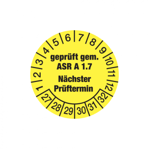 Dreifke&reg; Pr&uuml;fplakette, ASR A1.7 N&auml;chster Pr&uuml;ftermin, gelb/schwarz, Folie, &Oslash; 3...