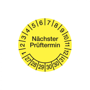 Dreifke&reg; Aufkleber Pr&uuml;fplakette, N&auml;chster Pr&uuml;ftermin, Folie, &Oslash; 30mm, gelb/sch...