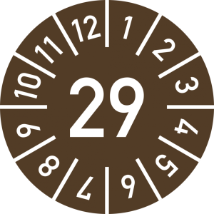 Dreifke&reg; Pr&uuml;fplakette Jahr 29 mit Monaten, braun, Folie, &Oslash; 30 mm, 10 St&uuml;ck/Bogen