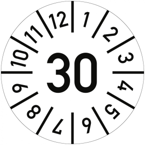 Dreifke&reg; Pr&uuml;fplakette Jahr 30 mit Monaten, wei&szlig;, Dokumentenfolie, &Oslash; 30 mm, 10...