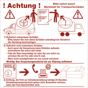 Dreifke&reg; Aufkleber Merkblatt f&uuml;r Transportsch&auml;den, Papier, wei&szlig;/rot, 100x100 ...