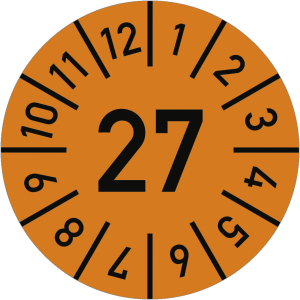 Dreifke&reg; Pr&uuml;fplakette Jahr 27 mit Monaten, orange, Dokumentenfolie, &Oslash; 30 mm, ...