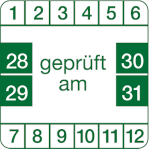 Dreifke&reg; Pr&uuml;fplakette wei&szlig;/gr&uuml;n, gepr&uuml;ft, ab 2028 - 30x30 mm Folie selbstkleb...