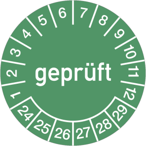 Dreifke&reg; Pr&uuml;fplakette gepr&uuml;ft 2024 - 2029, Folie, &Oslash; 15 mm, 10 St&uuml;ck/Bogen