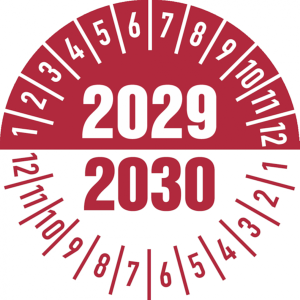 Dreifke&reg; Pr&uuml;fplakette 2029/2030 in wei&szlig;/rot - 30 mm Folie selbstklebend