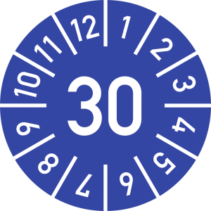 Dreifke&reg; Pr&uuml;fplakette Jahr 30 mit Monaten, blau, Dokumentenfolie, &Oslash; 10 mm, 10...