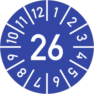Dreifke&reg; Pr&uuml;fplakette Jahr 26 mit Monaten, blau, Dokumentenfolie, &Oslash; 10 mm, 10...