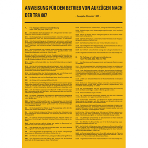 Dreifke&reg; Aushang, Anweisung f&uuml;r den Betrieb von Aufz&uuml;gen nach der TRA 007, Ku...