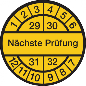 Dreifke&reg; Pr&uuml;fplakette, N&auml;chste Pr&uuml;fung, schwarz/gelb, - 30 mm Dokumentenfolie...