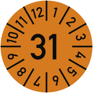 Dreifke&reg; Pr&uuml;fplakette Jahr 31 mit Monaten, orange, Folie, &Oslash; 10 mm, 10 St&uuml;ck