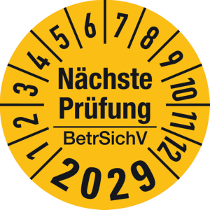 Dreifke&reg; Jahrespr&uuml;fplakette, N&auml;chste Pr&uuml;fung BetrSichV, gelb/sch - 30 mm Foli...