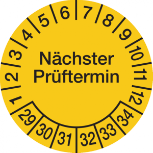 Dreifke&reg; Pr&uuml;fplakette, N&auml;chster Pr&uuml;ftermin, Folie, gelb/schwarz, - 20 mm Foli...