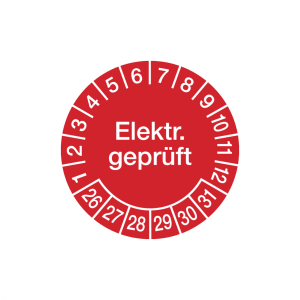 Dreifke&reg; Aufkleber Pr&uuml;fplakette, Elektr. gepr&uuml;ft, rot/wei&szlig;, &Oslash; 20 mm - Bogen =...