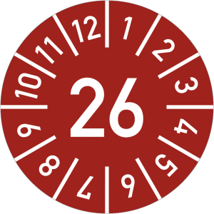 Dreifke&reg; Pr&uuml;fplakette Jahr 26 mit Monaten, rot, Folie-Spezialkl., &Oslash; 15 mm, 10...