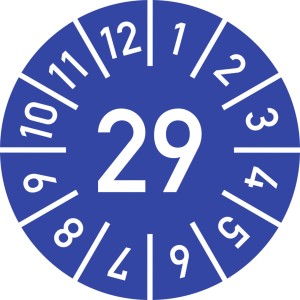 Dreifke&reg; Pr&uuml;fplakette Jahr 29 mit Monaten, blau, Folie-Spezialkl., &Oslash; 15 mm, 1...
